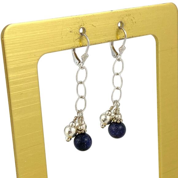 Blue Lapis Lazuli Bead Dangle Latch Back Earrings | Vintage Sterling Silver - Picture 3 of 9